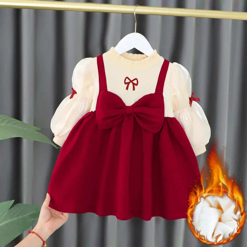 Toddler Baby Girls Dress Autumn  Winter Kids Red Christmas New Year Plush Warm Dress Infant Clothing Set Top+ skirt For 1-4 Years