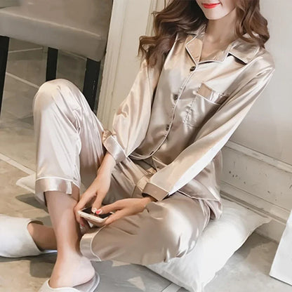 Women Satin Long Sleeve Pajama Set Lapel Top And Pants Solid Pajamas Loungewear 2025 New Arrival Drop-shipping