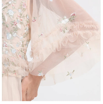 Runway Luxury Long Dresses Women 2025 Summer Holiday Embroidery Flower Ruffles Midi Party Evening Dress Lady Prom Vestidos