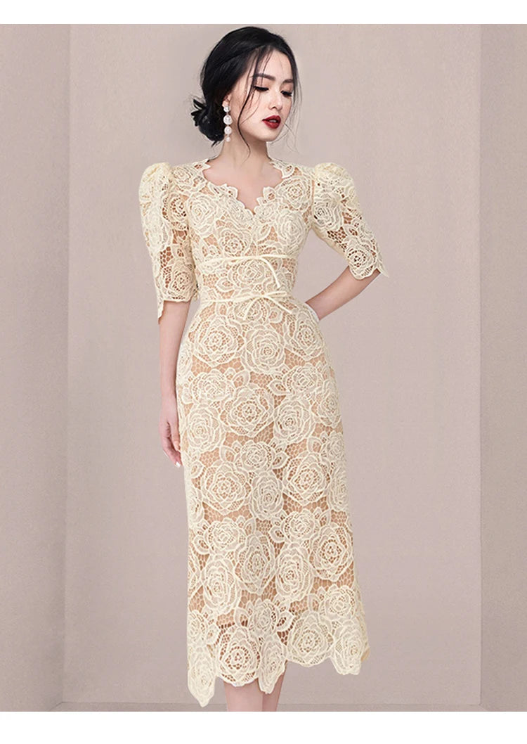 Queen Summer Dresses Korean Retro High Waist Vestidos Elegant Fashion Slim Midi Hollow Out Office Party Casual Lace Dress