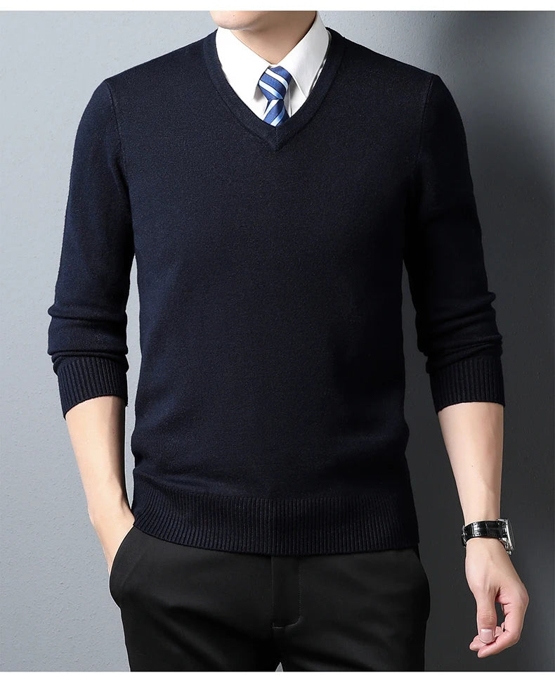 Men's Sweater Fashion Solid Color Warm Sweater Business Casual Heart Neckline Sweater Pullover Men