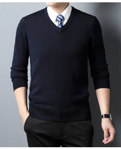 Men's Sweater Fashion Solid Color Warm Sweater Business Casual Heart Neckline Sweater Pullover Men