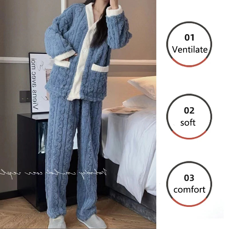 2pcs/Set Autumn And Winter Pajamas Women Thickened Padded Warm Students Coral Girls Clot Velvet Suit Home wear Cardigan Trousers
