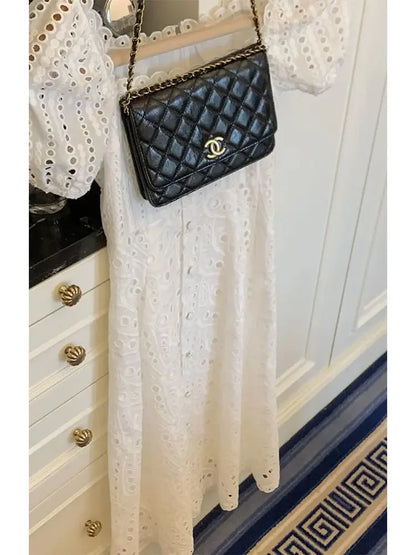 Summer Elegant Korean Chic White Midi Dress Women French Hollow Out Sexy Kawaii Vestidos De Fiesta Fashion Short Sleeve Dress