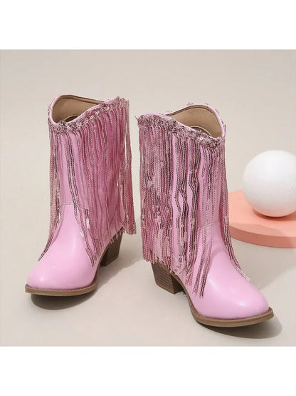 Children Boots Versatile Tassels Pink Elegant 2024 New Performance Girls Boots Low Heels Shiny Solid Color Britain Princess Boot