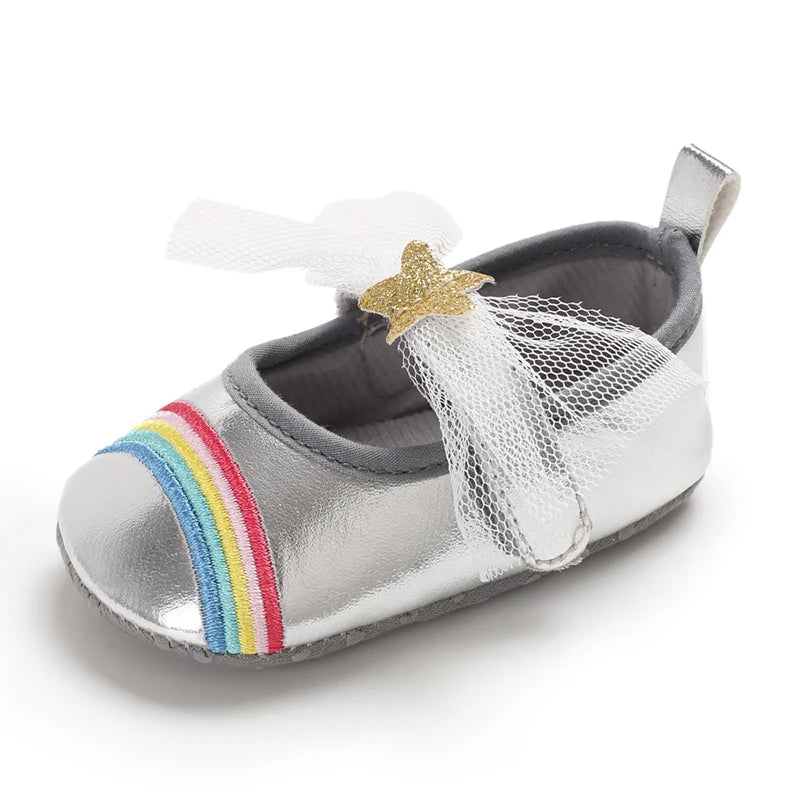 Cute 0-18M Spring Newborn Silver Baby Shoes Non Slip Cloth Bottom Girl Shoes Elegant Breathable Casual Baby First Walking Shoes