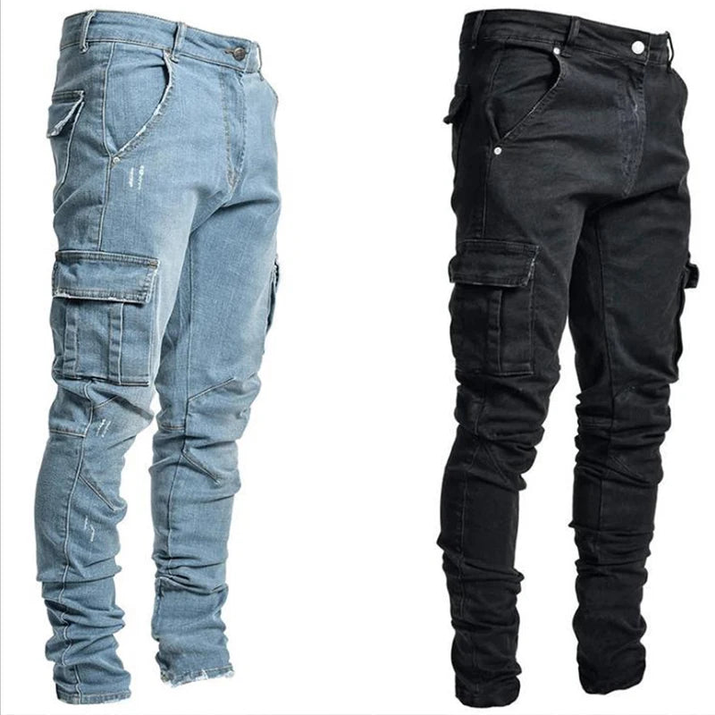 Jeans Men Pants Wash Solid Color Multi Pockets Denim Mid Waist Cargo Jeans Plus Size Fashion Casual Trousers Male Daily Wear