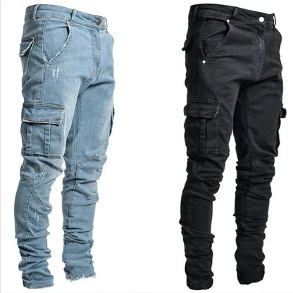 Jeans Men Pants Wash Solid Color Multi Pockets Denim Mid Waist Cargo Jeans Plus Size Fashion Casual Trousers Male Daily Wear