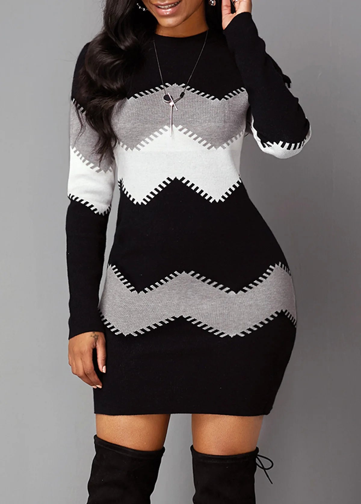 2025 New European and American Women's Dress Medium length Short Skirt Round Neck Long Sleeve Knit Wrap Bottom Dress Women