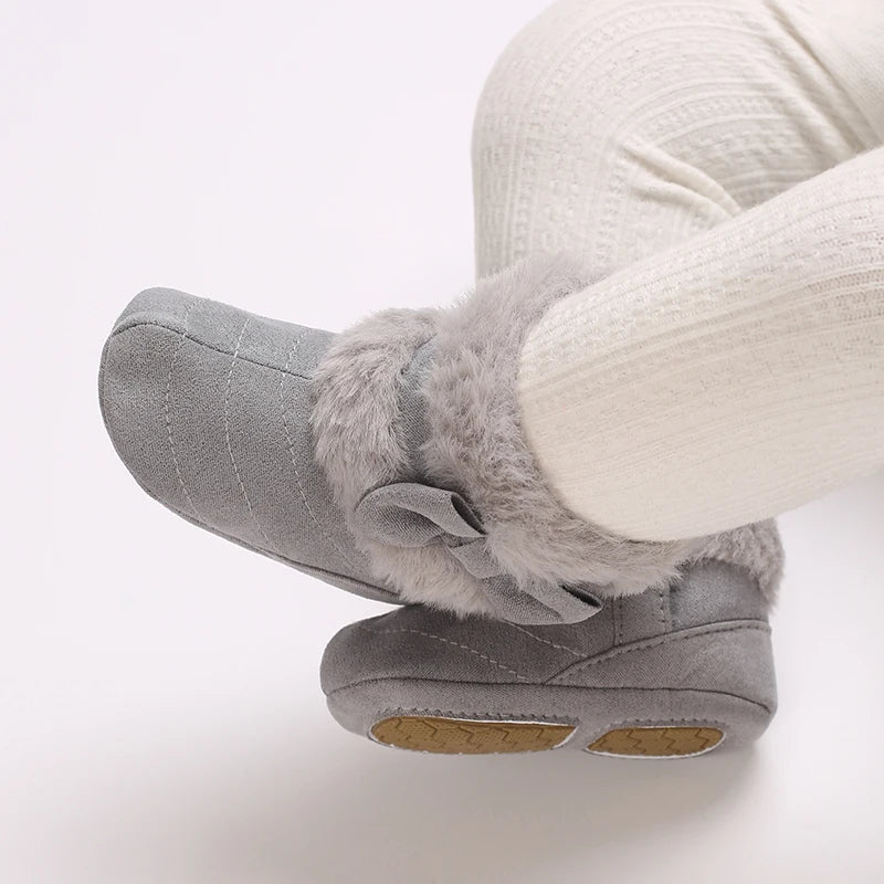 Cute Bowknot Comfortable Boots For Baby Girls Soft Warm Plus Fleece Boots For Indoor Walking Autumn And Winter