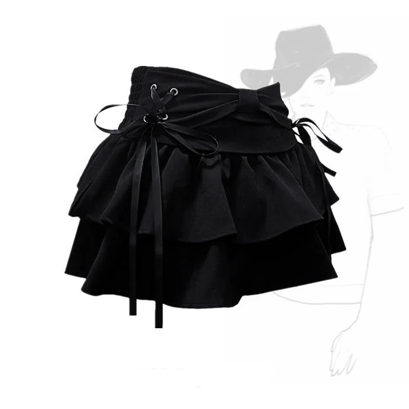 Blue Denim Pleated Skirt Bow Fold Design Women's A-line Short Skirt Built in Shorts American Spicy Girl Korean Fashion Hot sweet