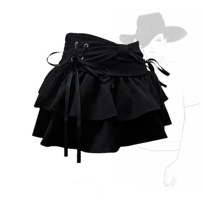 Blue Denim Pleated Skirt Bow Fold Design Women's A-line Short Skirt Built in Shorts American Spicy Girl Korean Fashion Hot sweet