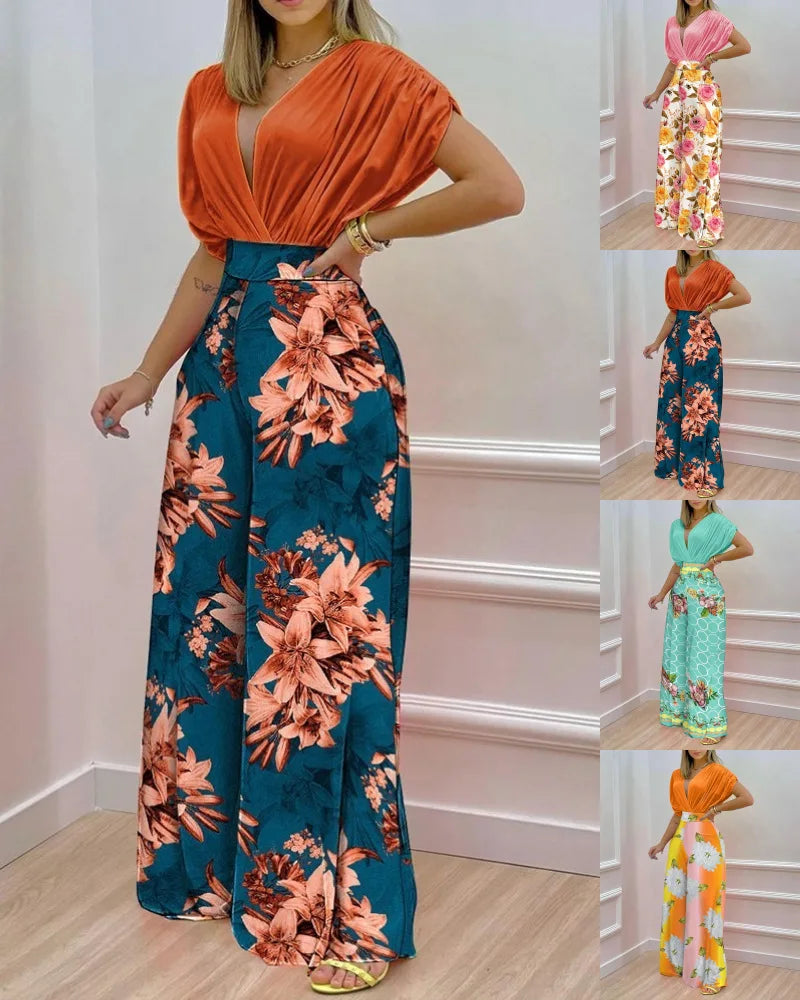 Women Print Suit Pullover Batwing Sleeve V-Neck Top Wide Leg Pants Set Two Piece Set New Loose Casual Women's Clothing Summer