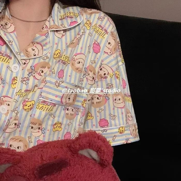 Plus Size Ins Cartoon Pajamas Set Korean Student Summer Internet Celebrity Girl Short Sleeve Shorts Thin Loose Home wear