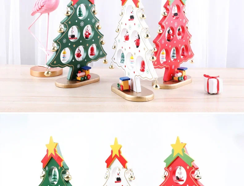 Holiday Tabletop Décor Carved Wood Xmas Tree 6 Hole Centerpiece for Mantel Scene Christmas Village Diorama Craft Ornament