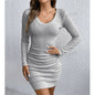 Mia Muse Women's Dresses Fall Winter Ribbed Knitted Slim Plain Sexy V-Neck Bodysuit Mini Casual Long Sleeve Short  Dresses