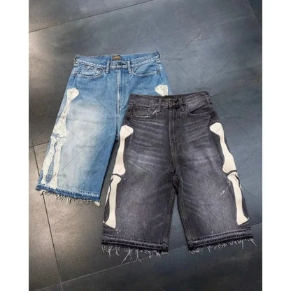 2025 European and American Summer Retro Skeleton Denim Shorts Sports Casual Shorts New Couple Wear Street Wear Five-Fifth Pants