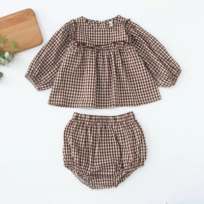 Infant Baby Boys Girls Clothes Set Spring Autumn Kids Baby Boys Girls Long Sleeve Grid T-shirt + Shorts 2pcs Toddler Clothes