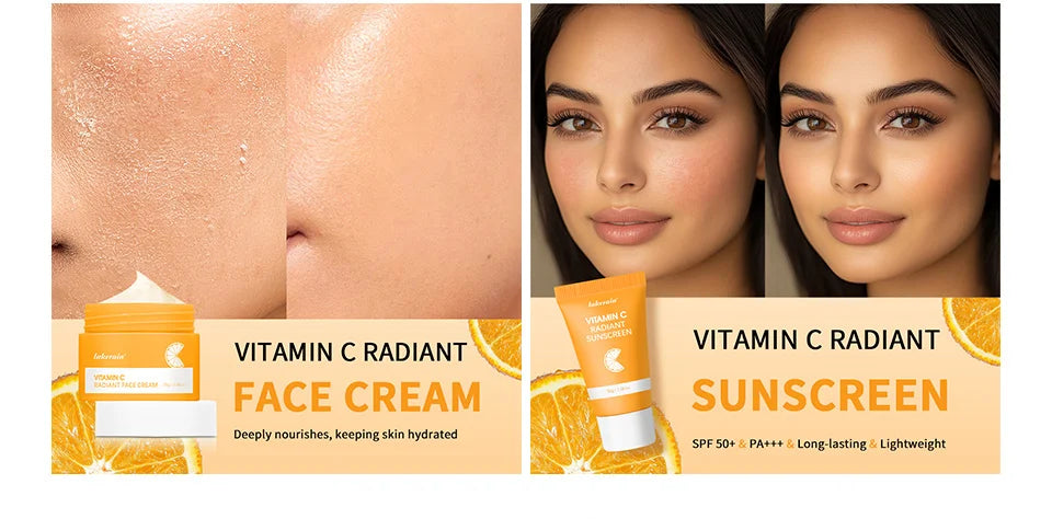 6pcs/set Vitamin C Skin Care Set Deep Cleansing Facial Cleanser Face Cream Moisturizing Anti Wrinkles Face Care Kit Gift Box