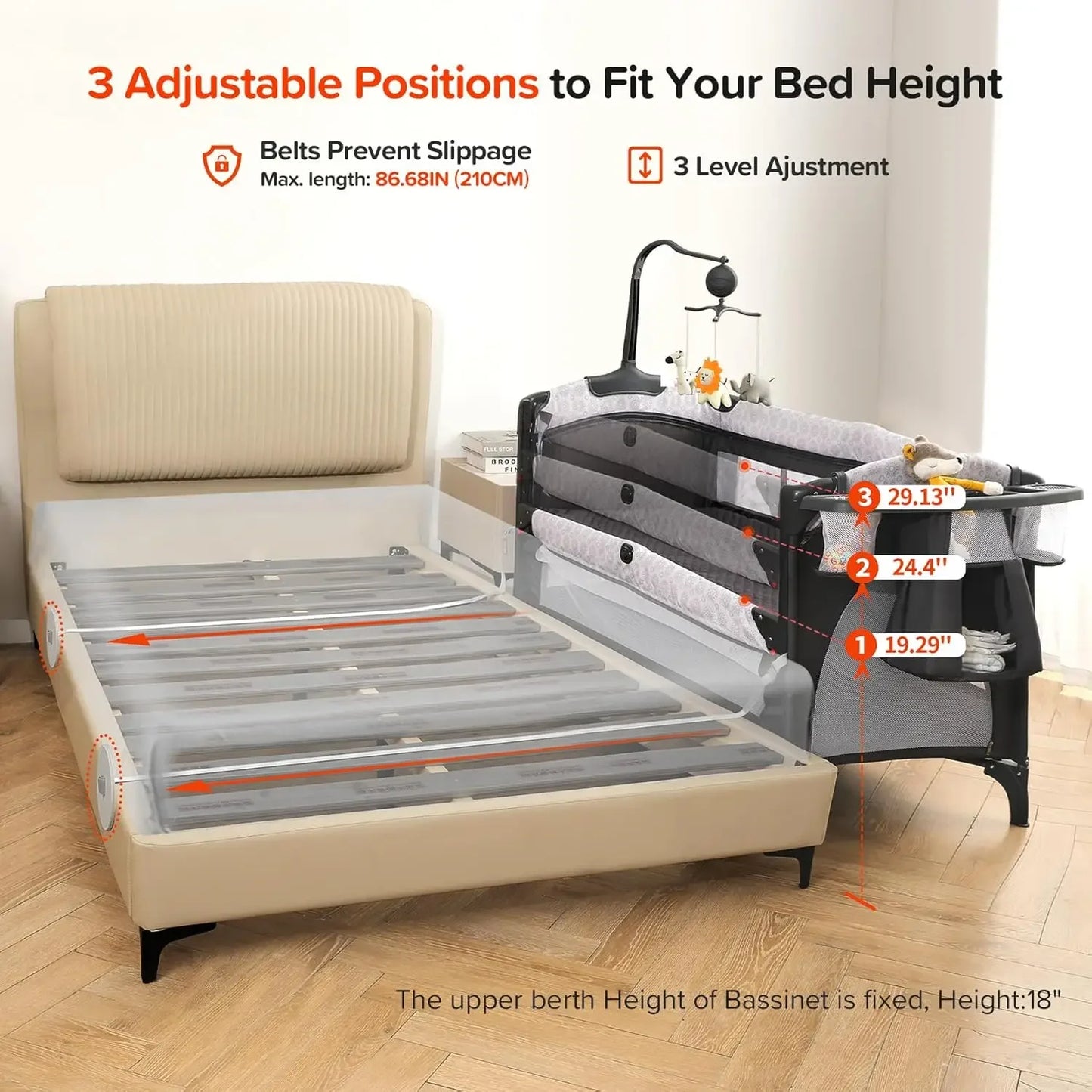 4 in 1 Wide Baby Bassinet Bedside with Diaper Changer, Long Next to Bed Crib with Mattress, Sheet, Music and Blackout Cover, Playpen