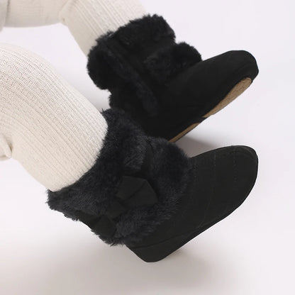 Cute Bowknot Comfortable Boots For Baby Girls Soft Warm Plus Fleece Boots For Indoor Walking Autumn And Winter