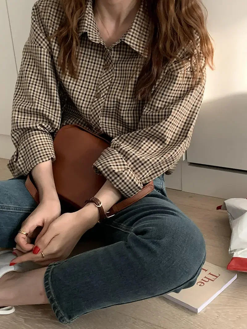 Plaid Shirts Women Retro Turn-down Collar Blouses All-match Straight Hong Kong Style Button Up Elegant Long Sleeve Outwear Femme