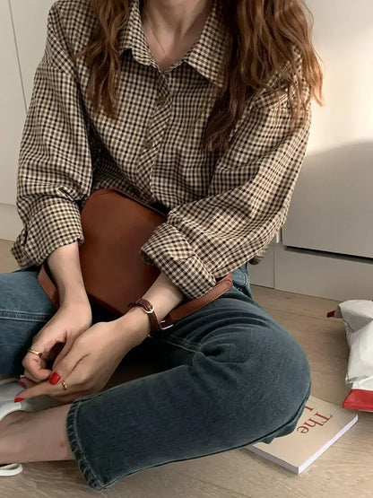 Plaid Shirts Women Retro Turn-down Collar Blouses All-match Straight Hong Kong Style Button Up Elegant Long Sleeve Outwear Femme