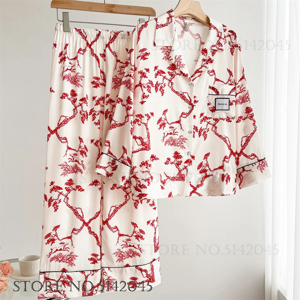 Fashion Print Flower 2PCS Pajamas Set Women Sleepwear Spring Summer Trouser Suits Lounge Wear Loose Satin Home wear Pajamas Suit