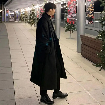 Korean Trend Men's Loose Casual Single-breasted Overcoat Autumn Winter Fashion New Long Sleeve Woolen Long Coat