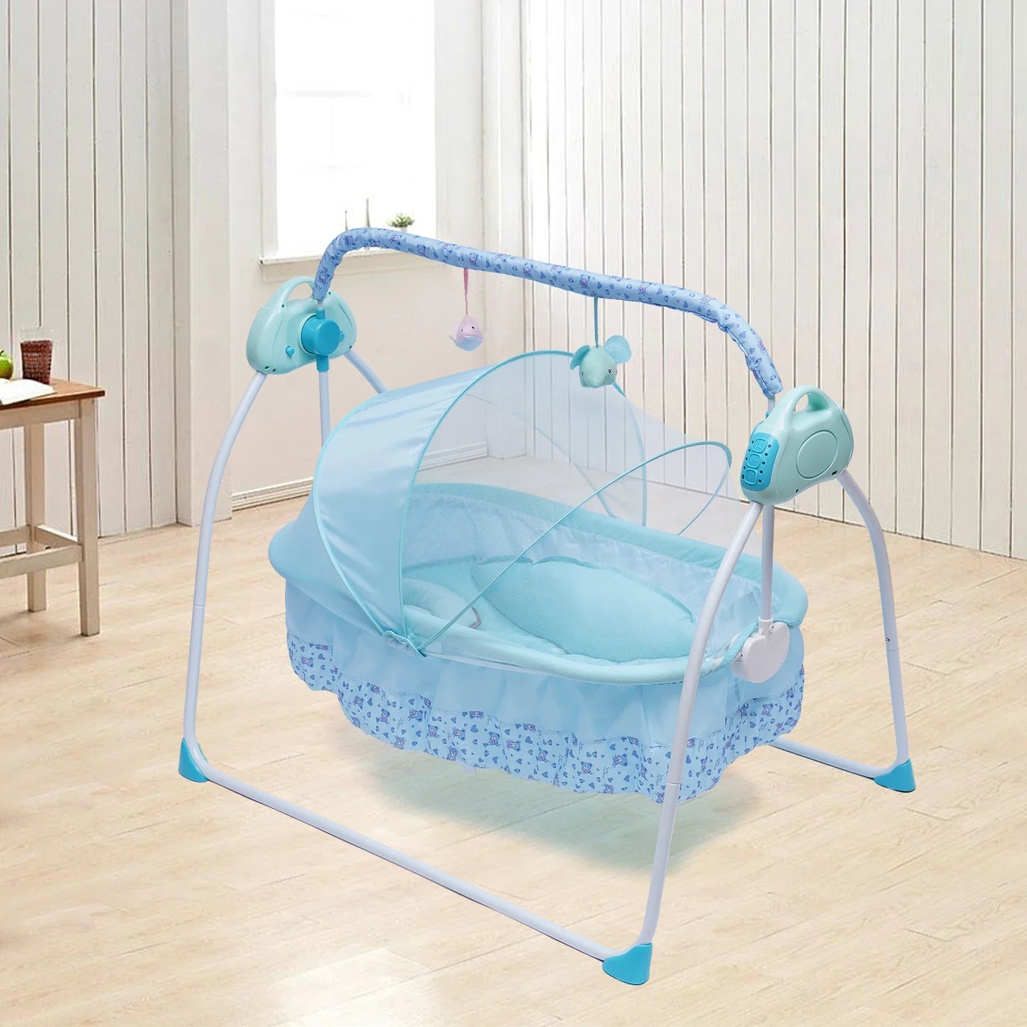 Electric Baby Crib Cradle Auto-Swing Newborn Sleep Bed Infant with Bluetooth blue with Chair + Music + Mat + Net