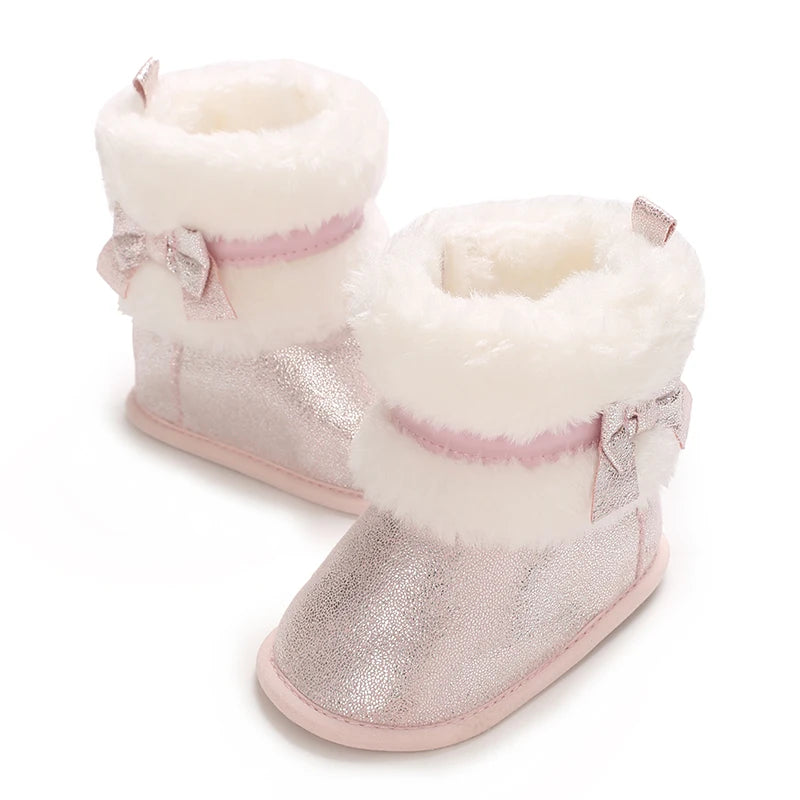 Suefunskry Newborn Baby Girl Winter Warm Plush Boots Shiny Flats with Cute Bows Casual Walking Shoes for Toddler Infant
