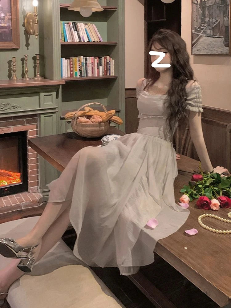 Korean Casual Midi Dress for Women 2025 New Summer Fashion Elegant Off The Shoulder Folds Ruffle Female Clothes Birthday Dress