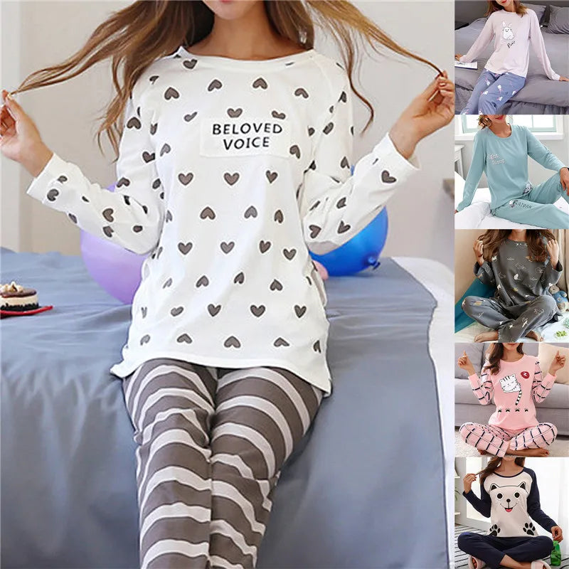 Cartoon Cotton Pajamas Women's Spring and Autumn Models Long-sleeved Home Service Women's Simple Loose Casual Suit Large Size