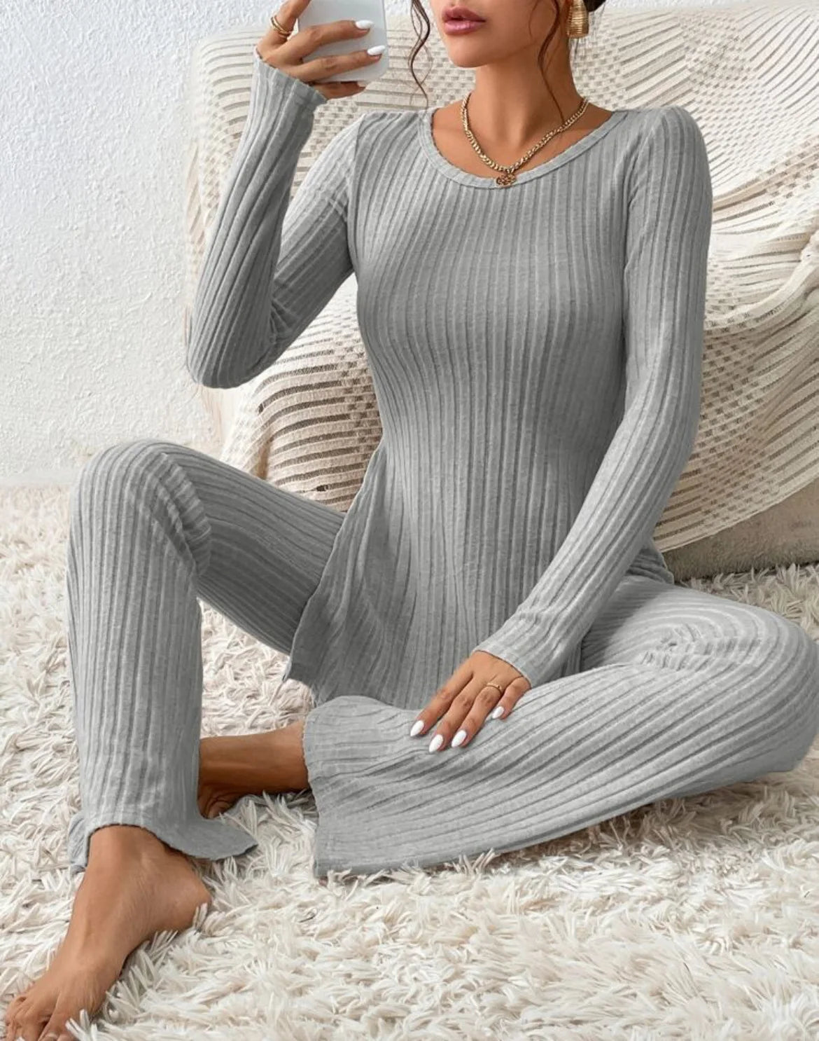 Autumn Winter Women's Clothing New Style Solid Color Sexy Casual Long Sleeved Round Neck Slit Fashion Temperament Two-piece Set