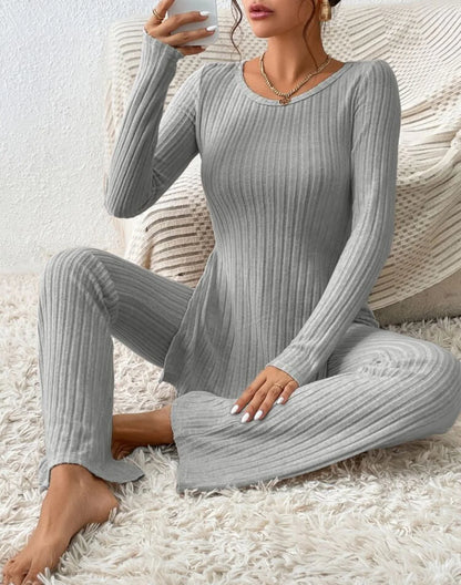 Autumn Winter Women's Clothing New Style Solid Color Sexy Casual Long Sleeved Round Neck Slit Fashion Temperament Two-piece Set