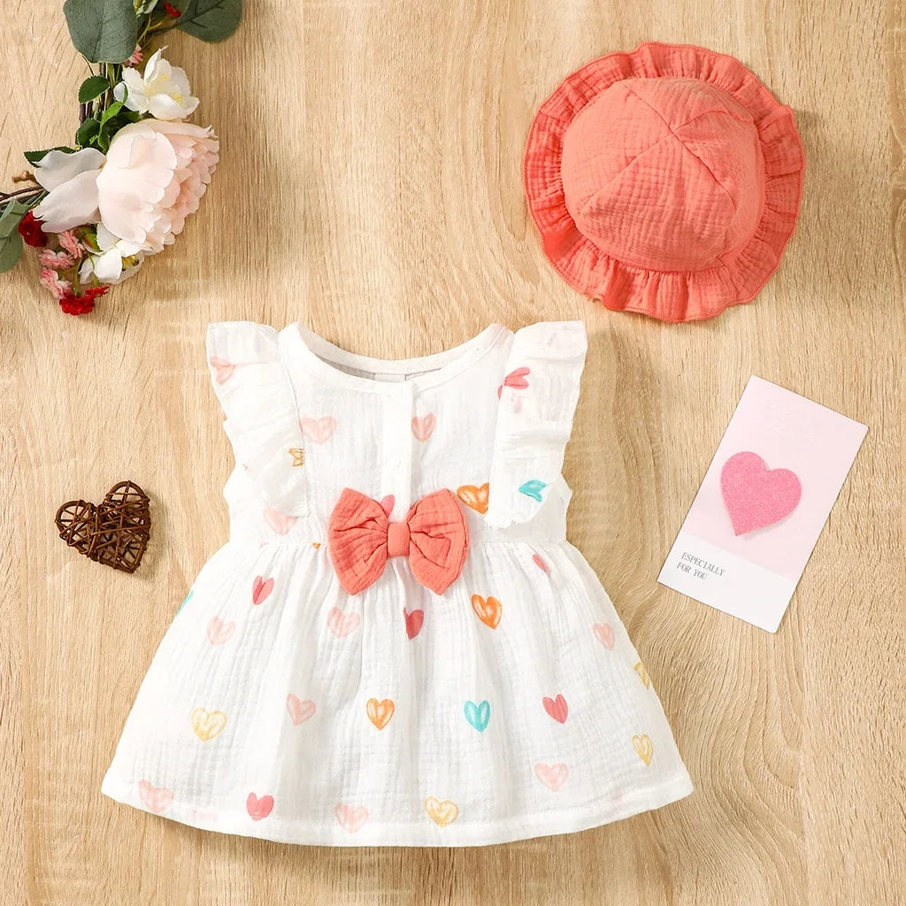 Newborn Baby Girl Sweet Cotton Dress Sleeveless Love Pattern Dress + Hat 2PCS Summer Beach Clothing for Infant Girl 0-9 Months