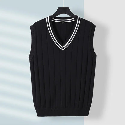 Winter Men Knit Vest Casual Knitted Sweater Cotton Waistcoat v-Neck Knitwear Men's Slim Fit Striped Sweater Vest Man Clothing