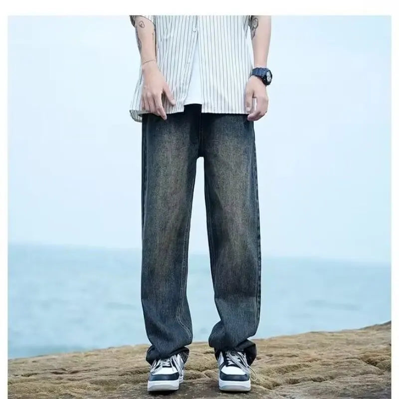 New Retro Washed Large Medium High Waist Men's Straight Blue Men's Trendy Denim Long Pants Men's Clothing Pantalon Homme Jean