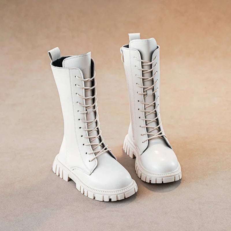 Autumn/Winter ZIP Fashion Cool Baby Girls Warm Square Heel Round Toe Casual Lace-Up Comfortable Kids Black Mid Boots