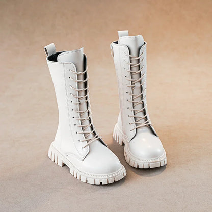 Autumn/Winter ZIP Fashion Cool Baby Girls Warm Square Heel Round Toe Casual Lace-Up Comfortable Kids Black Mid Boots