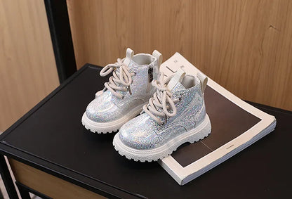 New Children's Autumn Boots Glossy Girls Causal Leather Boots Fashion Versatile Kids Princess Ankle Short Boots Round-toe Zipper