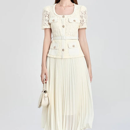 Runway Designer Summer Flower Embroidery Lace Chiffon Prom Dress Women Short Sleeve Single Breasted Midi Long Vestidos Party