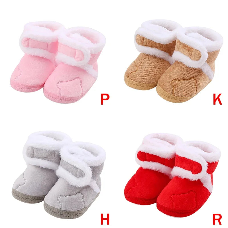 Winter Snow Baby Boots Cute Bear Warm Fluff Balls Indoor Soft Sole Infant Newborn Toddler Baby Shoes 0-18M