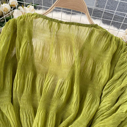 Women Sexy Chiffon Short Blouse Female See Through Super Long Sleeve Purple/Green/Black/White Folds Party Tops 2025 New