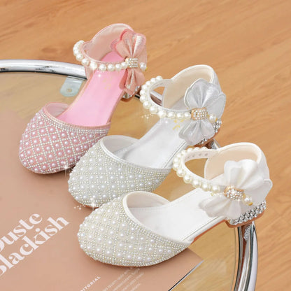 Rhine stones Princess Party Shoes Shiny Crystal Bow White Children High Heels Girls Sandals Summer Kids Student Performance Shoes
