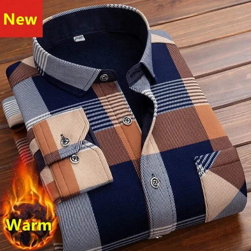 New 2025 Men's Thick Long Sleeve Shirts Fashion Casual Business Versatile Shirts Tops Men Plaid Striped Warm Shirts Camisas Male
