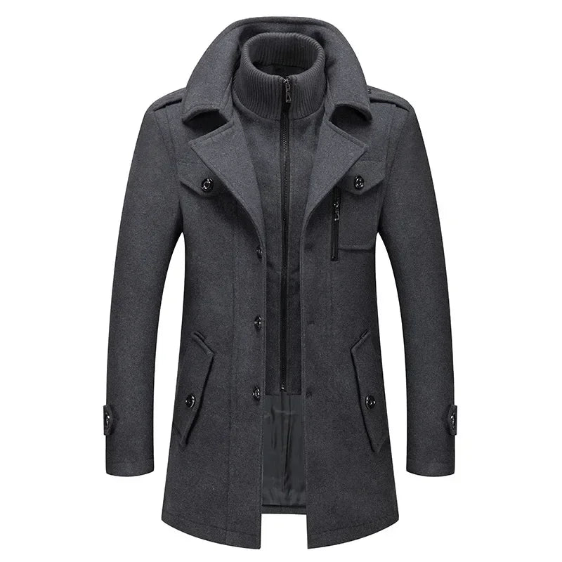 Autumn Winter Men's Woolen Coat Fashion Double Neck Coat Solid Color Long Sleeve Jacket