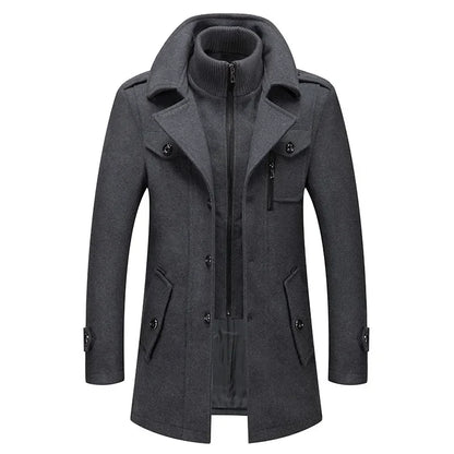 Autumn Winter Men's Woolen Coat Fashion Double Neck Coat Solid Color Long Sleeve Jacket