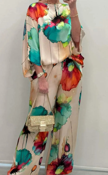 Conjuntos Para Majerus 2 Piazzas Women Printed Satin Two-piece Set, 3/4 Sleeve Round Neck Pants, Summer Fashion, pant Sets