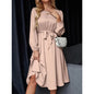 Summer Women's New Fashion Lantern Sleeves Keyhole Back Lace Up Waist Satin Round Neck Long Sleeve Medium Length Dress
